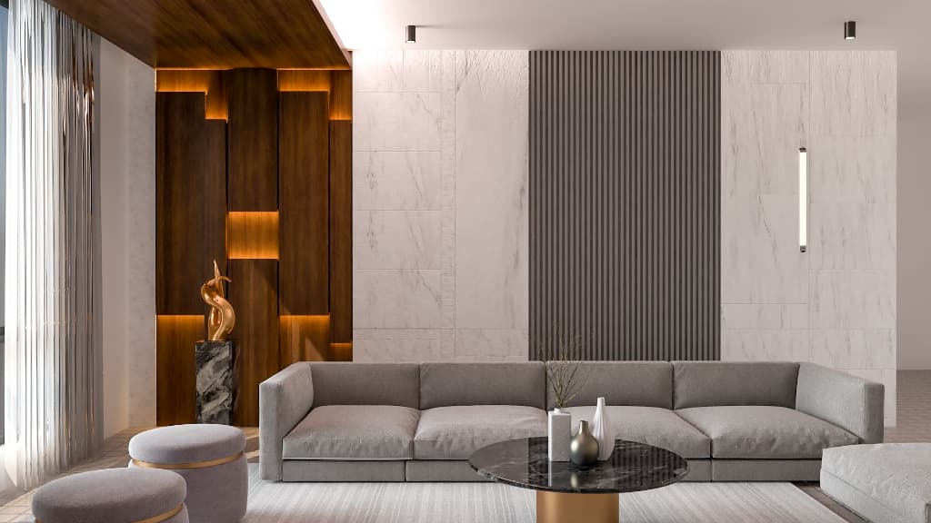 Luxury living room with marble walls and wood accents